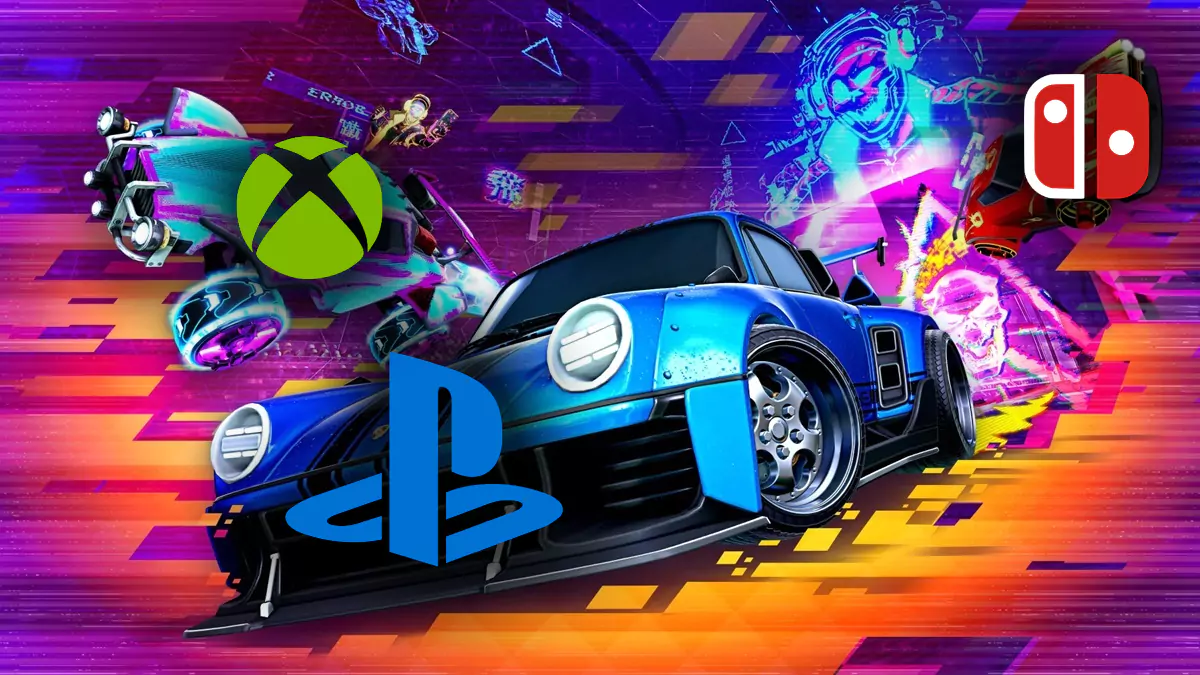 Cars in Rocket League with Playstation, Xbox, and Nintendo logos on them.