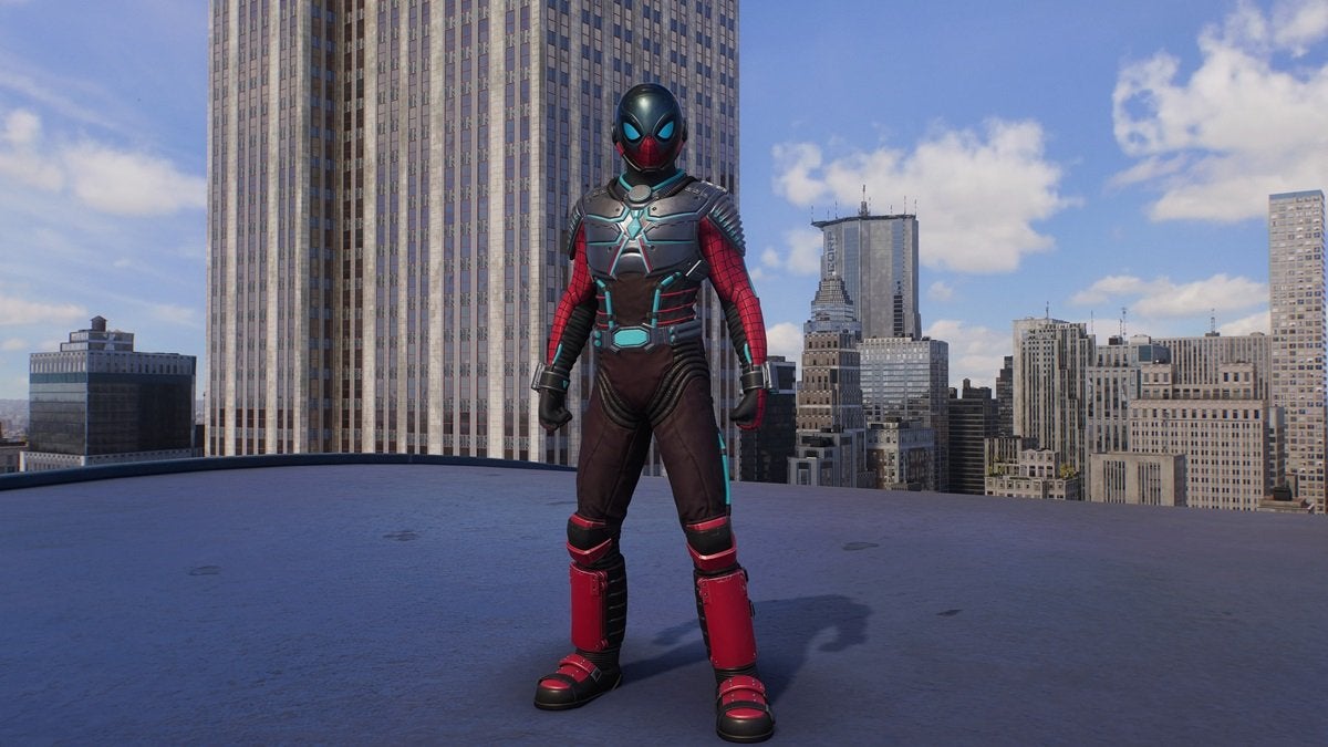 Peter Parker wearing the 25th Century Suit, which is red, gray, and brown. The chest and head are covered in metal and blue lights.