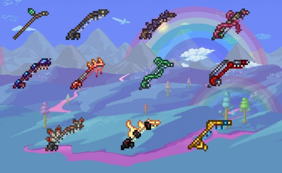 All Fishing Rods in Terraria, starting with the Wood Fishing Pole in the top-left and ending with the Golden Fishing Rod in the bottom-right.