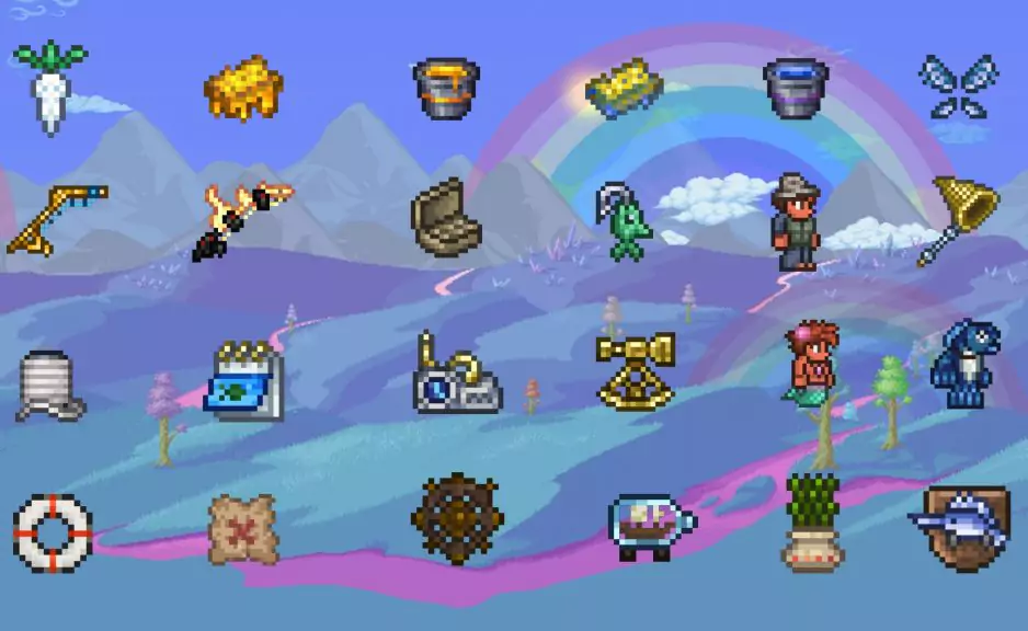 Most of the possible quest rewards from the Angler NPC, including the Golden Fishing Rod, Sextant, Angler Armor, and more. 