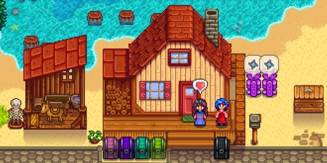 Pink, purple, turquoise, and lime green chests along a road in front of a house in Stardew Valley.