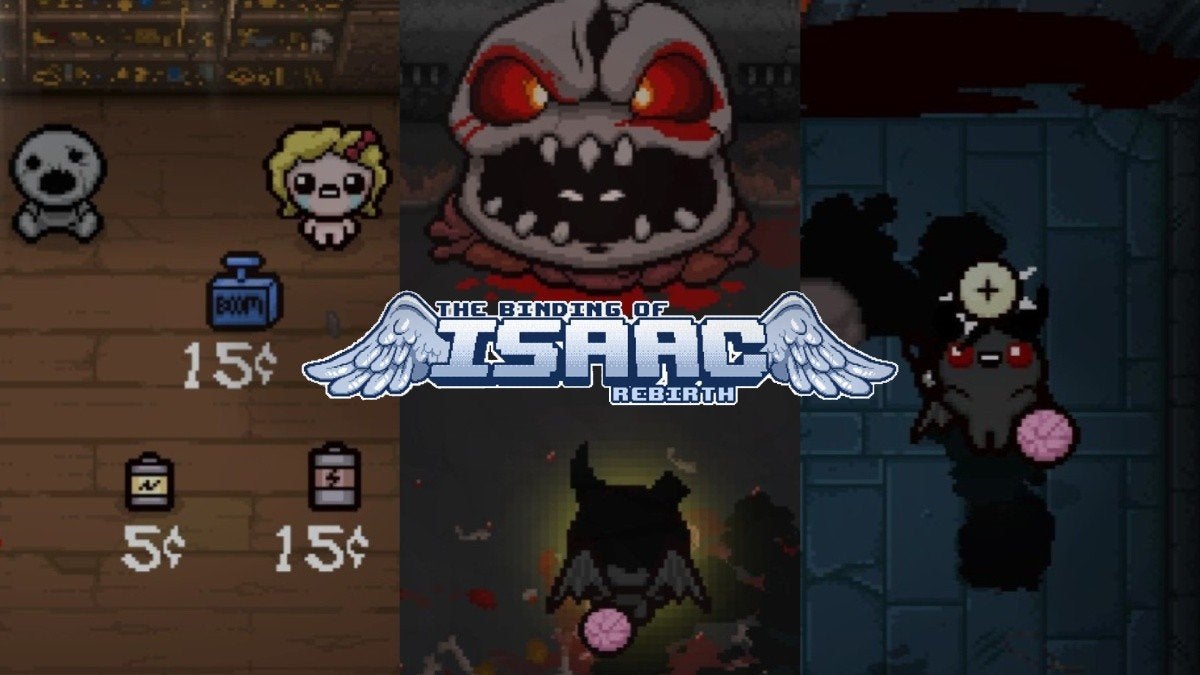 To the left is the Shop in Binding of Isaac: Rebirth, and to the right is a player picking up The Wafer item.