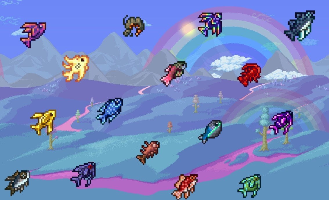 Many types of fish in Terraria in front of a colorful landscape background. 