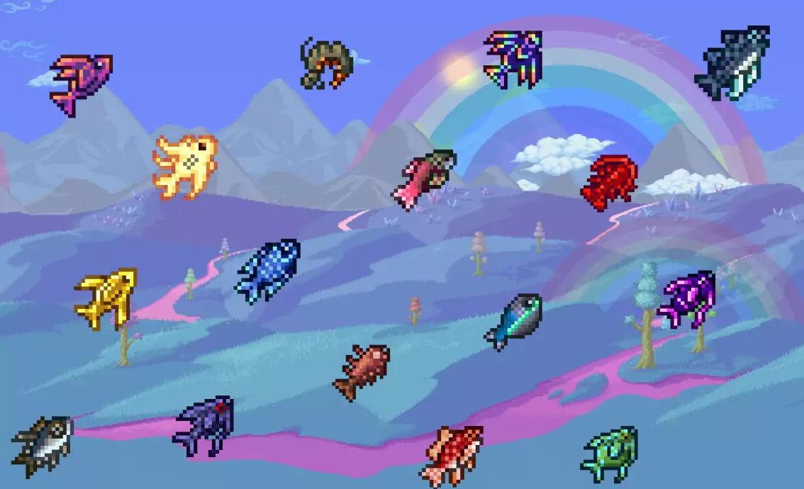 Many types of fish in Terraria in front of a colorful landscape background. 