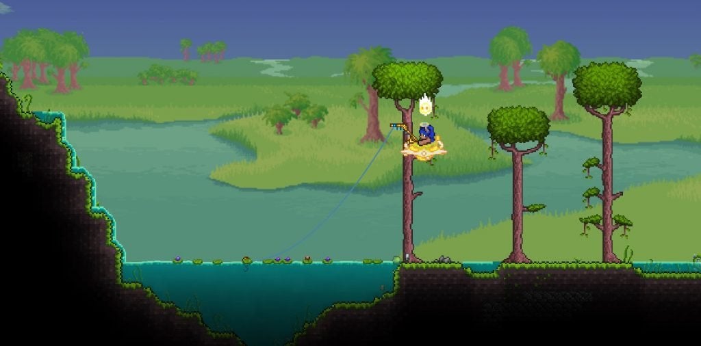 A player fishing in a small body of water in the Jungle biome. 