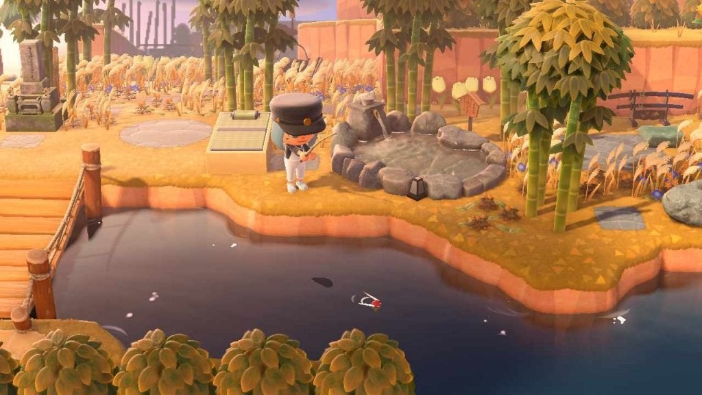 An Animal Crossing: New Horizons player fishing in the river. 