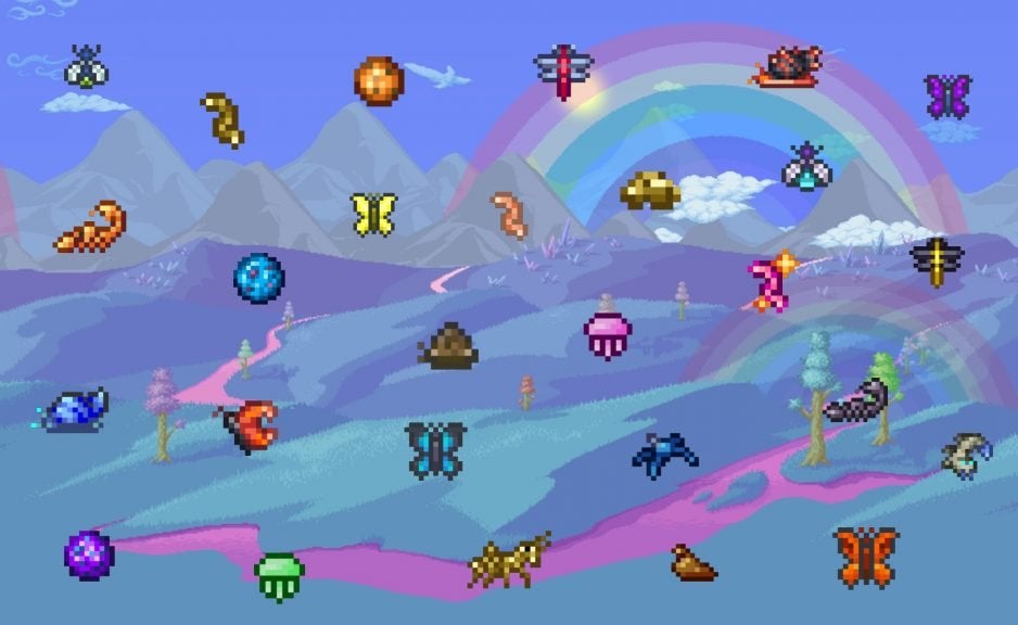 Some examples of Fishing Bait you can get in Terraria. Most of the pictured Baits are insects.