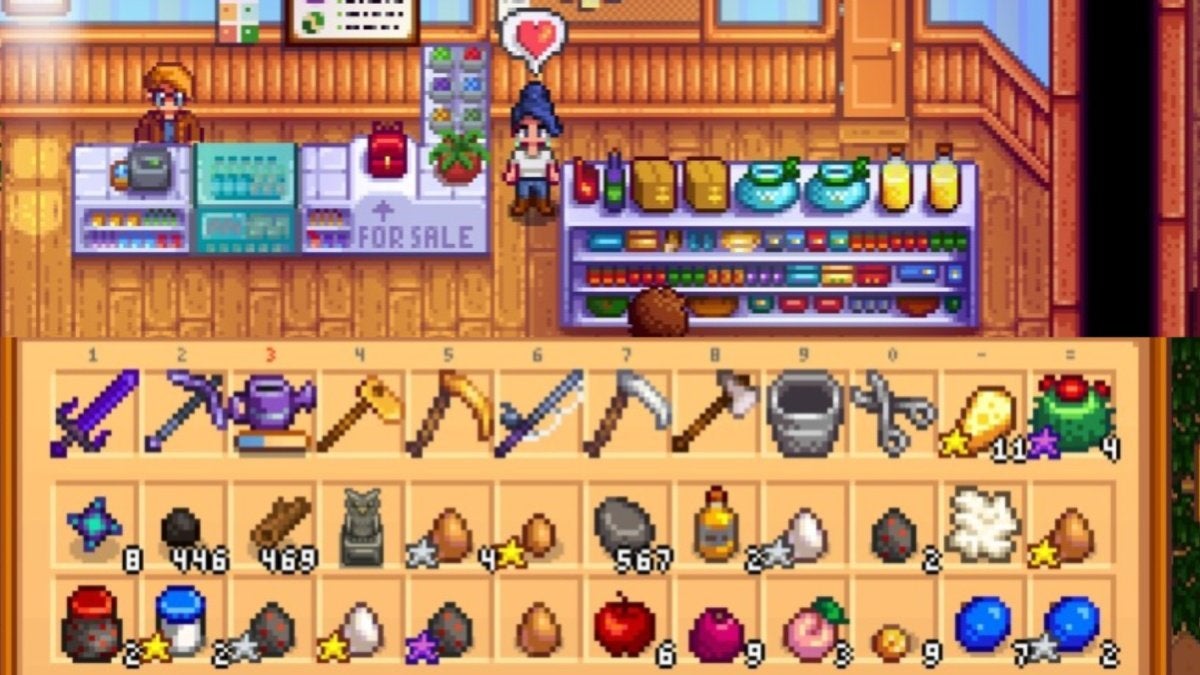 A player standing in Pierre's Store next to the backpack upgrade while they have a full inventory.