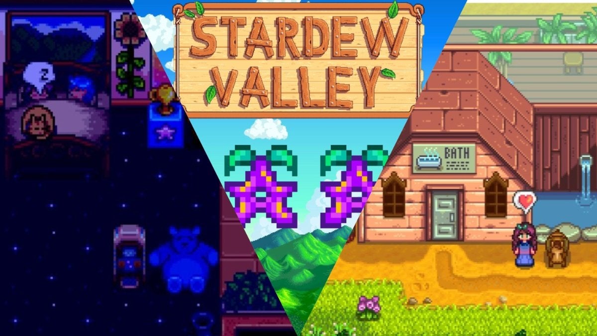 To the left is a player sleeping with their spouse, the center has the Stardew Valley logo and some Stardrops, and the right features a player standing next to the Spa.