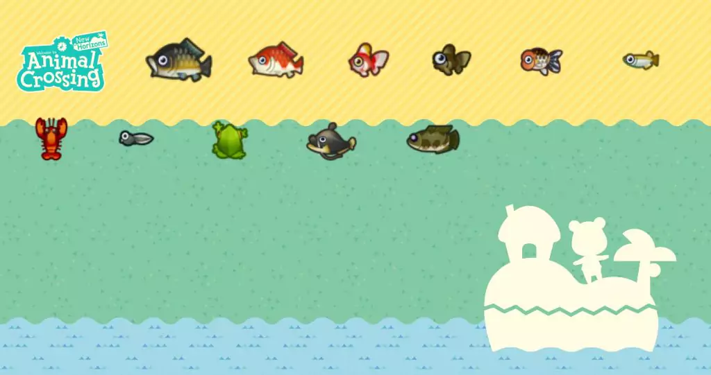 The a11 different fish that players can catch at the Pond in Animal Crossing: New Horizons.