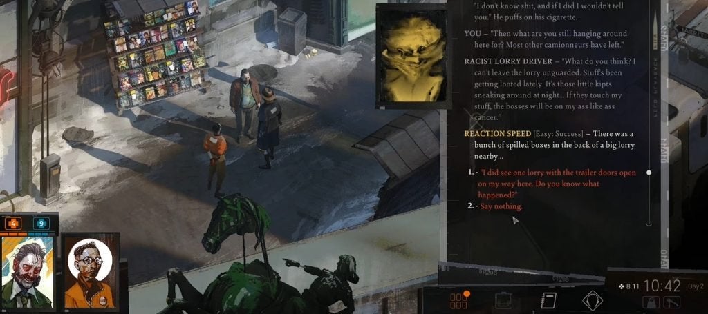 Your Reaction Speed skill coming into play in Disco Elysium by letting Harry know about a bunch of nearby spilled boxes.