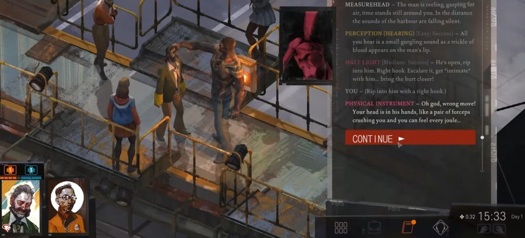 The Physical Instrument skill in Disco Elysium allowing Harry to get grabbed by his head by a large, strong character.