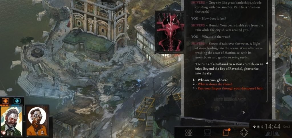 The Shivers skill in Disco Elysium, which is letting Harry see ghosts near a half-sunken sea fortress.