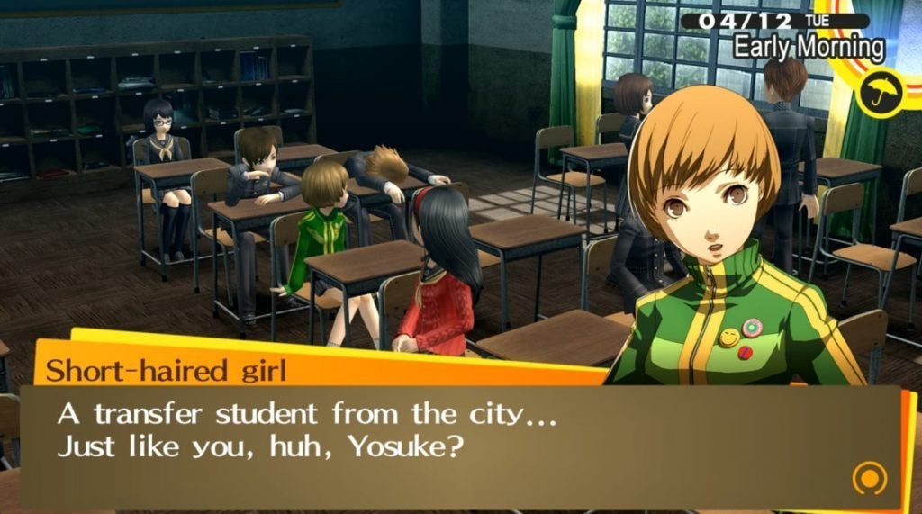 Chie Satonaka chatting about the protagonist in Persona 4 Golden.