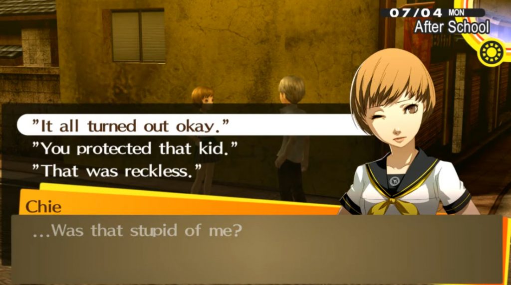The protagonist helping Chie during a fight in Persona 4 Golden.