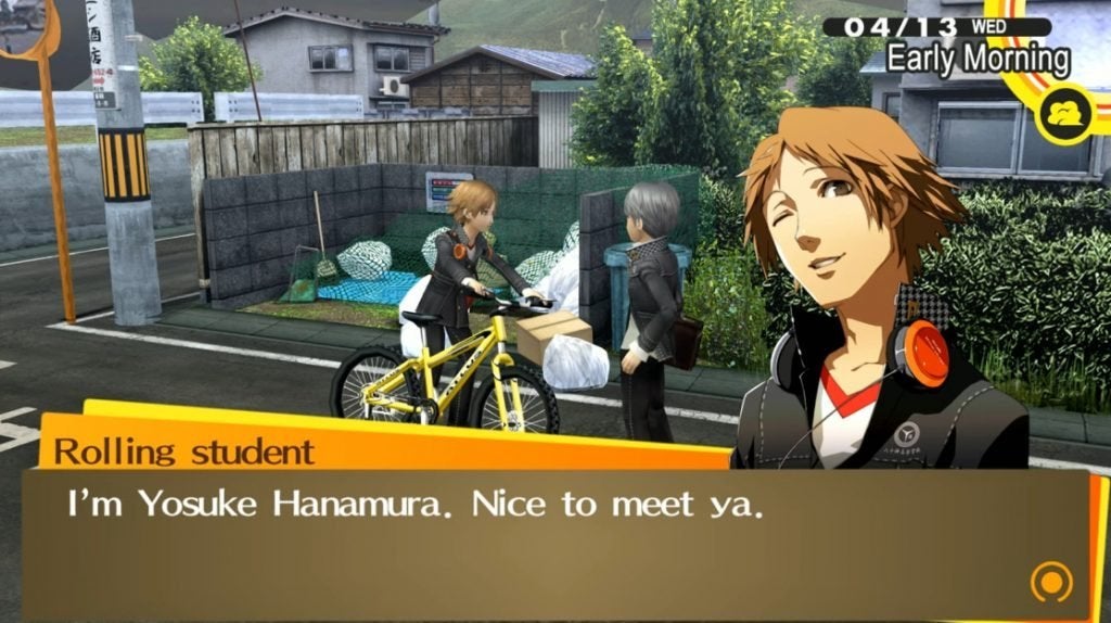 The protagonist meeting Yosuke Hanamura in Persona 4 Golden.