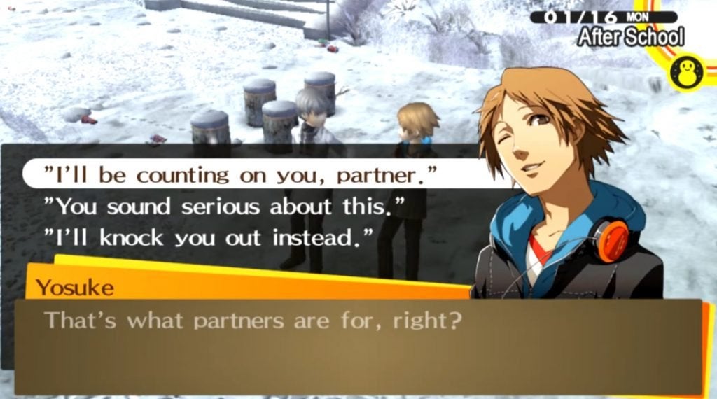 The protagonist having an emotional moment with Yosuke in Persona 4 Golden.