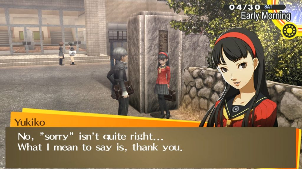 Yukiko Amagi chatting with the protagonist in front of Yasogami High in Persona 4 Golden.