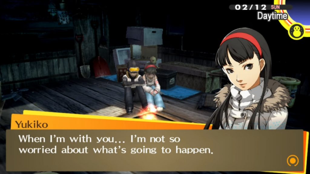 The protagonist and Yukiko sitting next to each other in Persona 4 Golden.