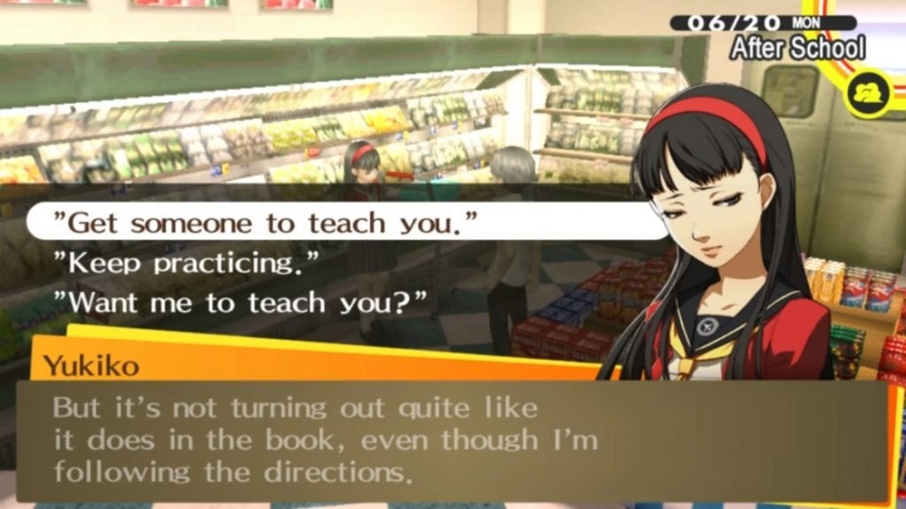 The player chatting with Yukiko at the grocery store in Persona 4 Golden.