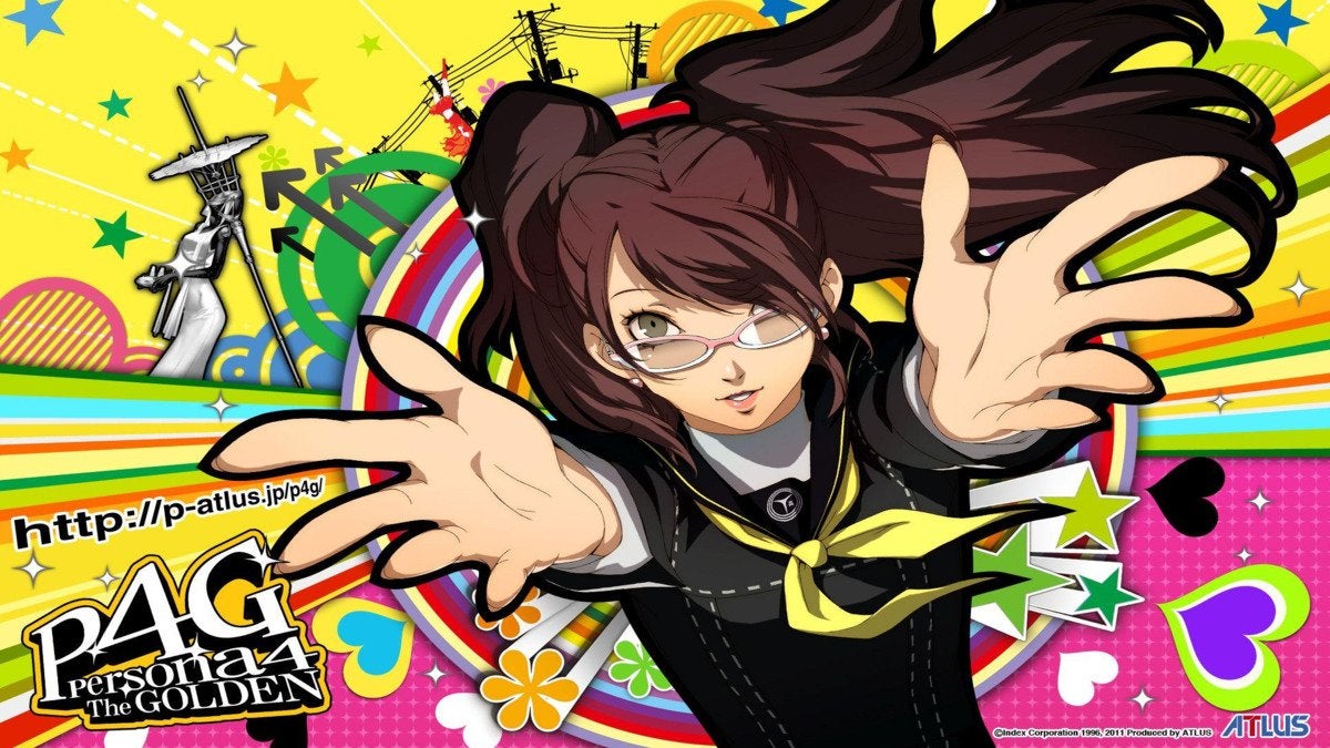 Rise Kujikawa, a support character from Persona 4 Golden in front of a colorful background.