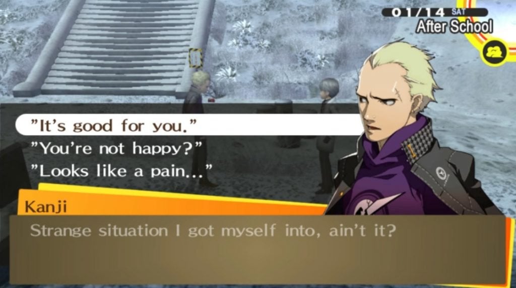The player chatting with Kanji about his sewing in Persona 4 Golden.