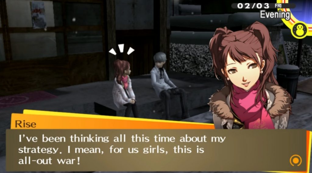 Rise is smiling while discussing romance with the protagonist in Persona 4 Golden.