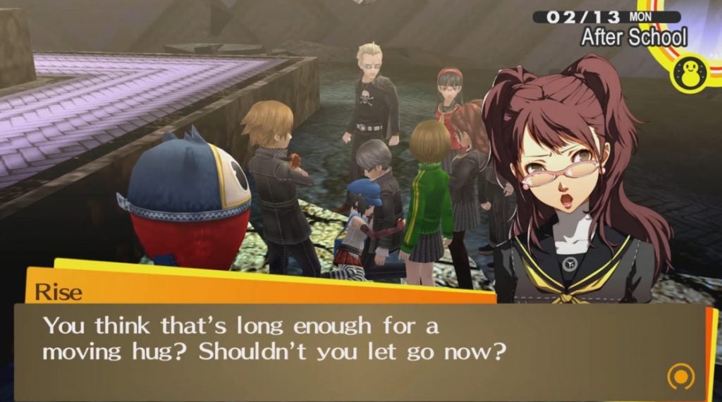 Rise getting jealous when the protagonist hugs another character in Persona 4 Golden.