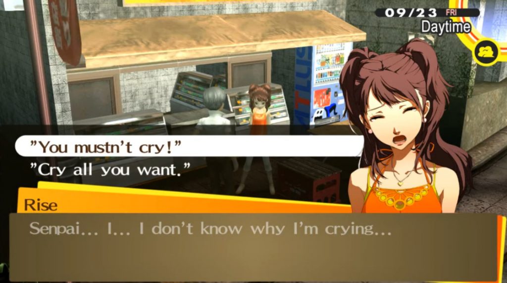 A scene where Rise's cries in Persona 4 Golden.
