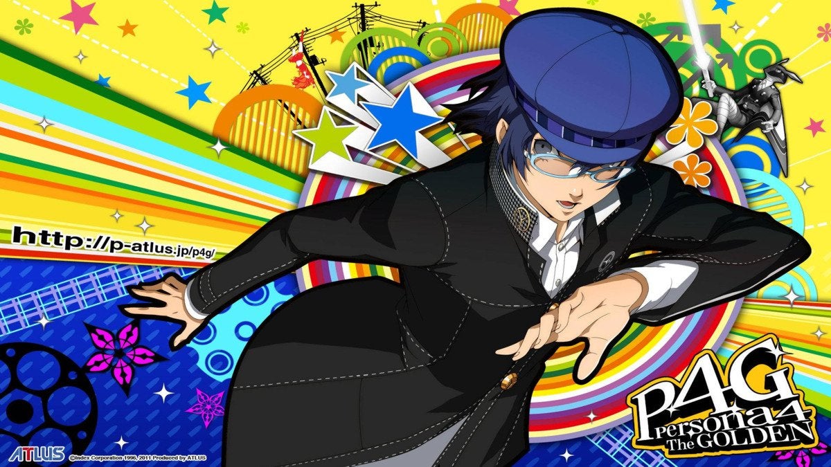 Character art of Naoto Shirogane from Persona 4 Golden in front of a colorful background.