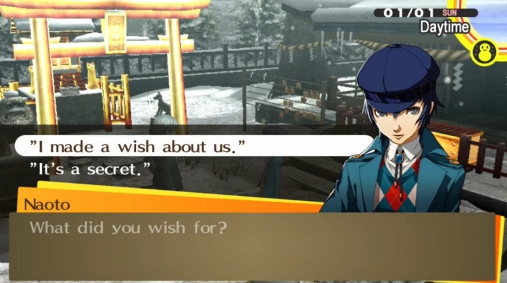 Naoto and the protagonist making a wish at the Shrine in Persona 4 Golden.