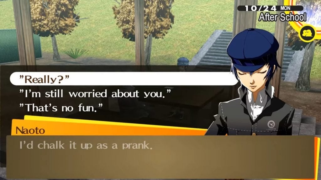 Naoto discussing a case with the protagonist at the Flood Plain in Persona 4 Golden.