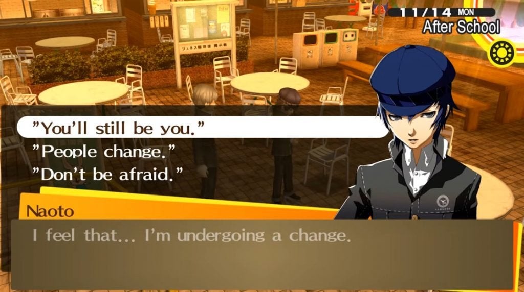 Naoto talking about their biggest fear with the protagonist at Junes in Persona 4 Golden.