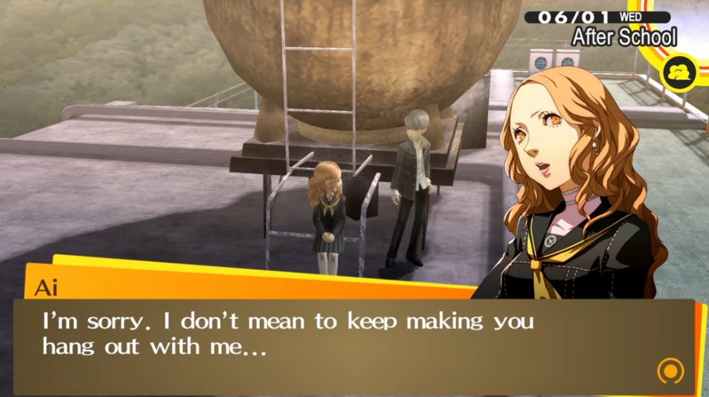 Ai apologizing to the protagonist on the school roof in Persona 4 Golden.
