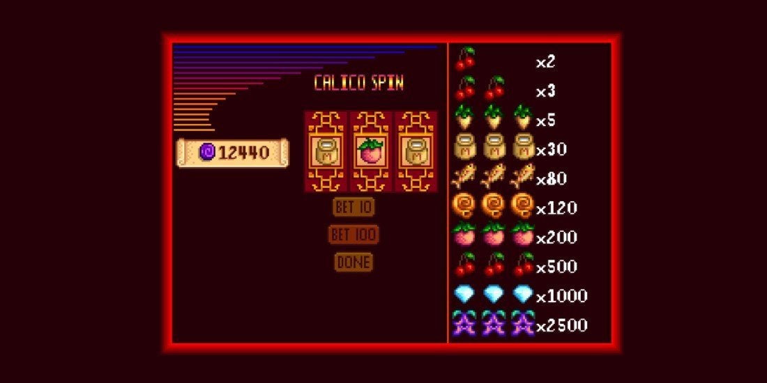 An example of one of the randomized outcomes on the slot machines in the Stardew Valley Casino. 