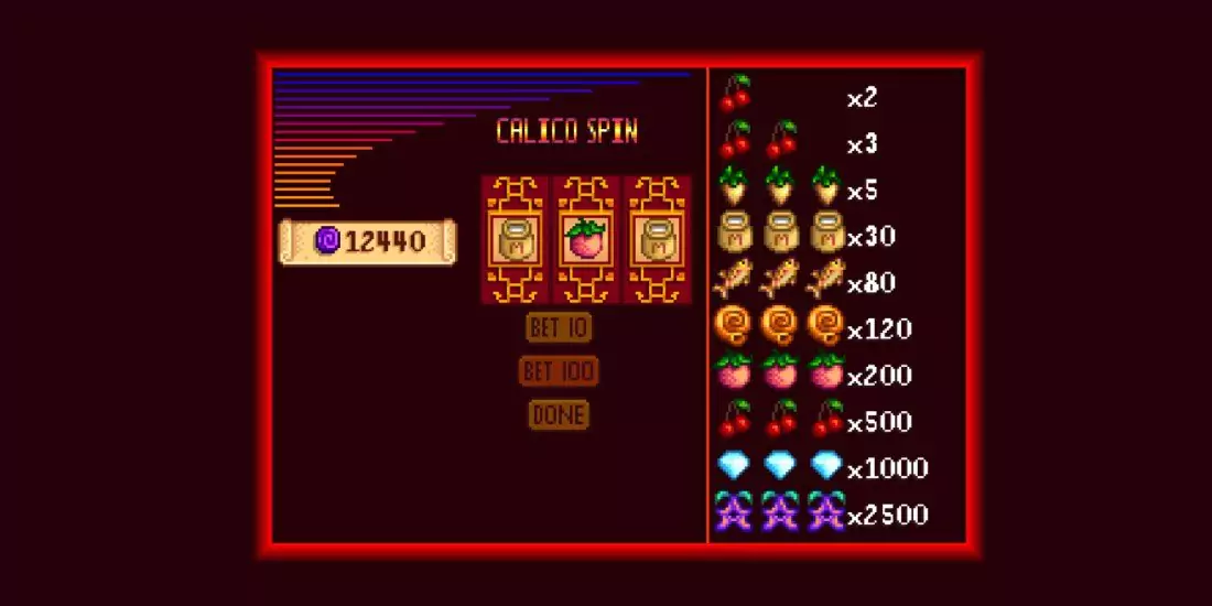 An example of one of the randomized outcomes on the slot machines in the Stardew Valley Casino.
