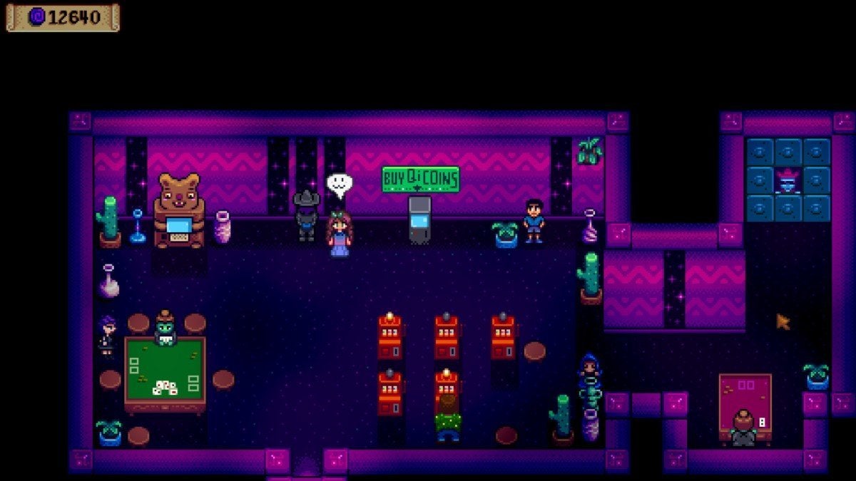 The player standing inside Mr. Qi's Casino in Stardew Valley.