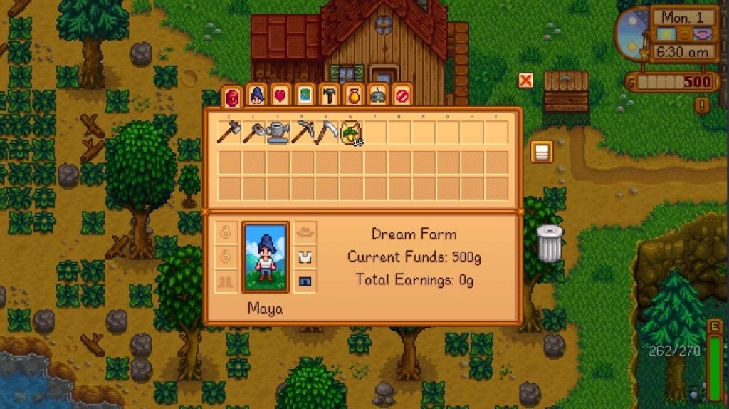 An example of a starting Stardew Valley player's inventory, with only 12 slots. 