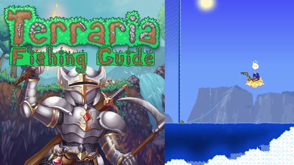 On the left is official artwork for Terraria, while on the right is a player fishing on a Sky Island in-game.