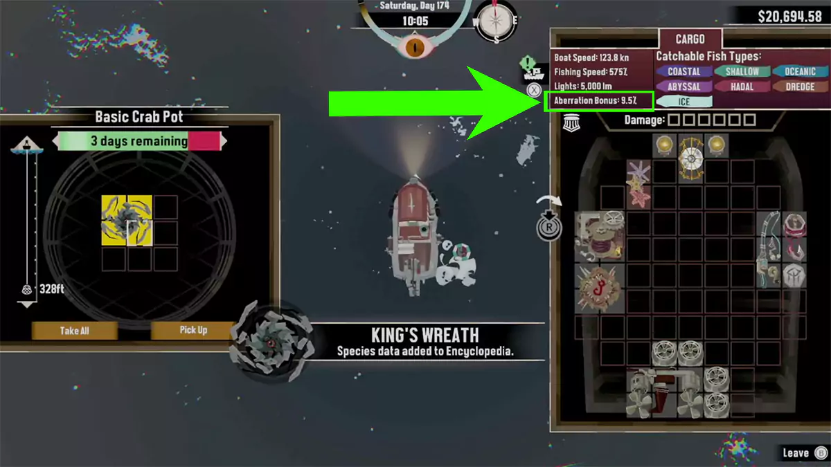 A green arrow pointing to the part of the player's ship menu that shows the Aberration Bonus percentage.