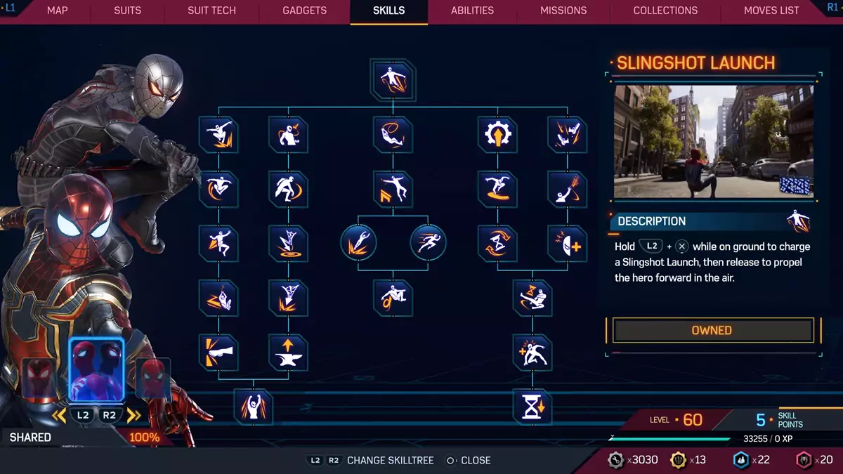 The Skills menu in Spider-Man 2.