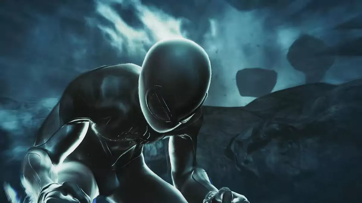 Miles Morales inside Lee's domain. Miles is hunched over and the surrounding area is hazy and bluish-green.