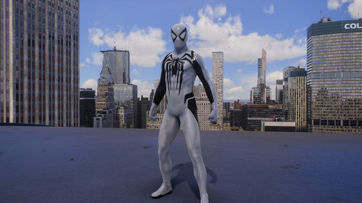 Peter Parker wearing the Anti-Venom Suit, which is all white with a black spider on the chest.
