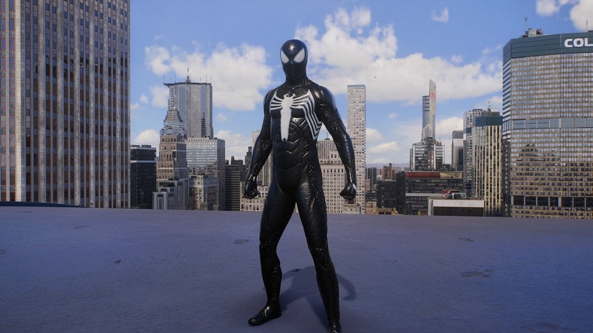 Peter Parker wearing the Black Suit, which is all black except for the white spider on the chest.