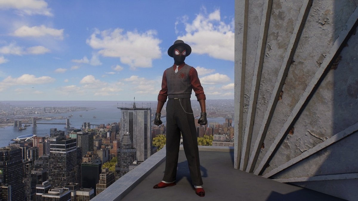 Miles Morales wearing the City Sounds Suit, which is gray and brown. This suit looks to be made of regular clothes, such as a brown sweater beneath a gray vest accompanied by dark gray pants and a black bowler hat.