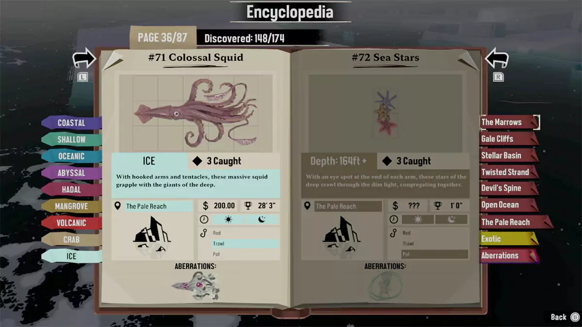 The Encyclopedia entry for Colossal Squids in DREDGE.