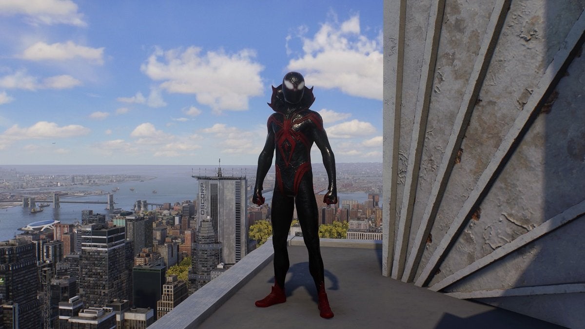 Miles Morales wearing the Dark Ages Suit, which is dark red and black. The suit is glossy and comes with a pointy black collar.