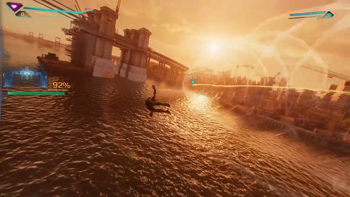 Miles chasing a drone through the air at sunset over a large body of water in Spider-Man 2.