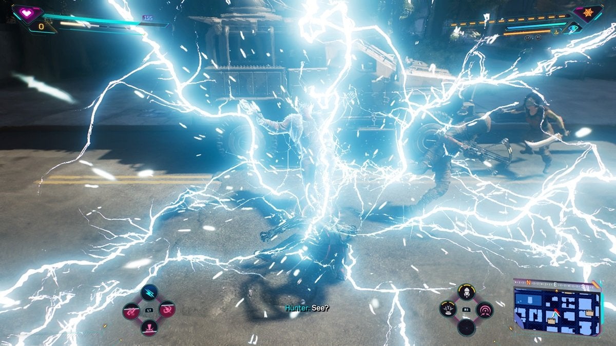 Miles using an Evolved Venom ability against enemies in Spider-Man 2 that releases many bolts of electricity.