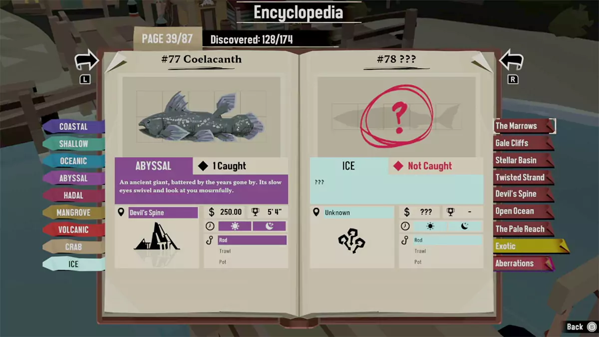The Fish Encyclopedia in DREDGE open to a page showing an uncaught fish from the Pale Reach DLC.